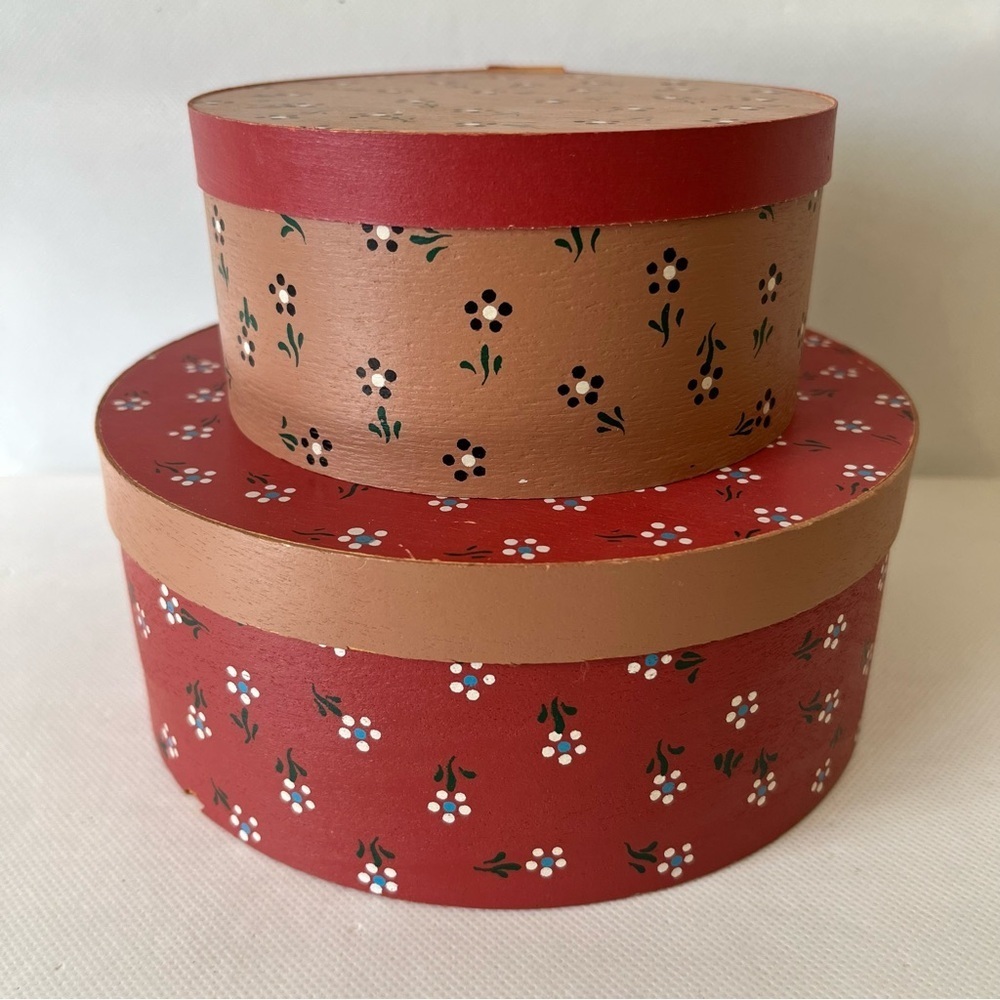 Vintage Wood Shaker Boxes Primitive Floral Nesting Set of 2